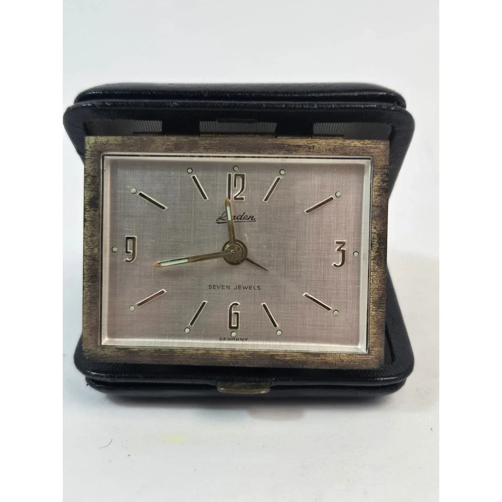 Vintage Linden Travel Alarm Clock 7 Jewels Germany Folding Leather Case